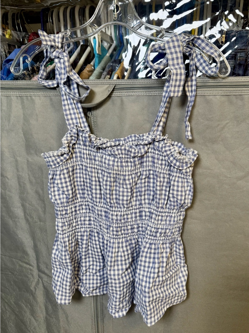 BP Blue and White Gingham Tie-Shoulder Smocked Tank. Linen Blend, Size Small